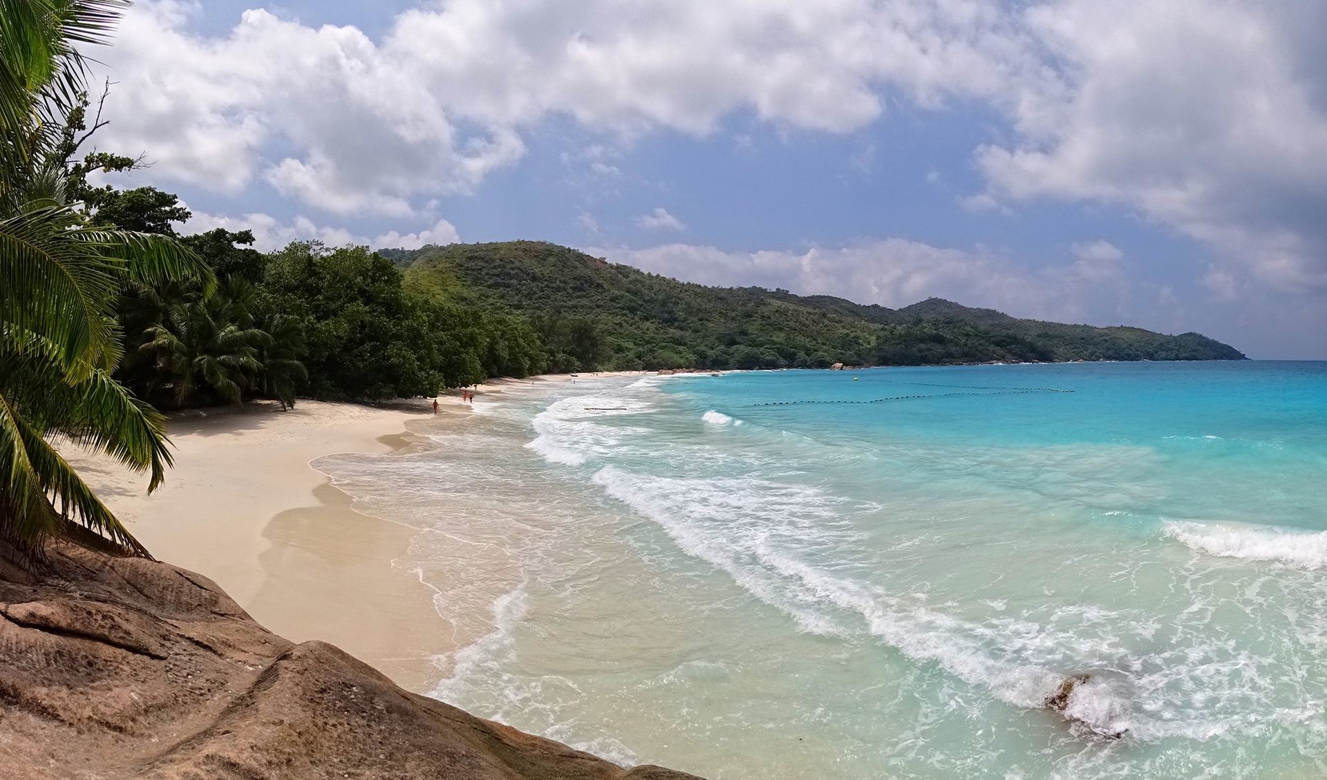 Anse Lazio beach on Praslin with granite boulders and clear turquoise water