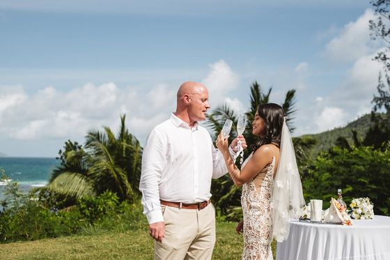 Bride and groom together on Mahé