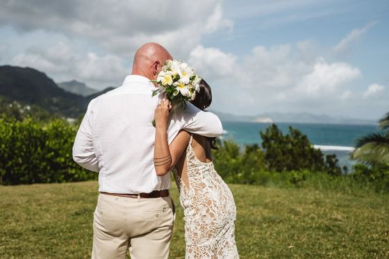 Bride and groom together on Mahé