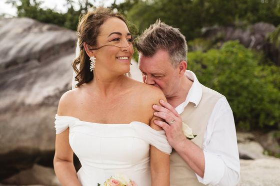Bride and groom together on Mahé