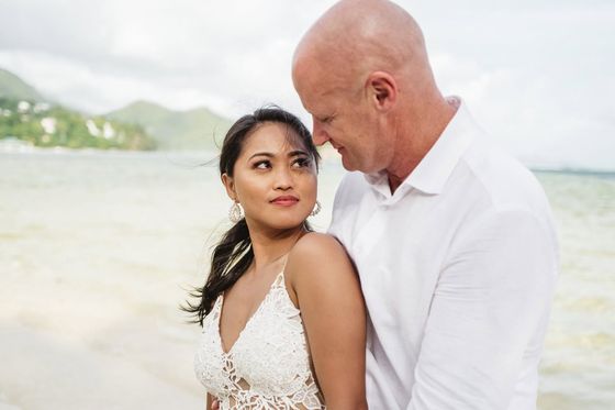 Bride and groom together on Mahé