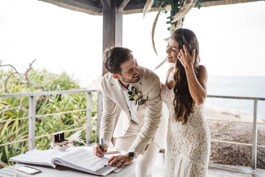 Wedding moment captured on a Seychelles beach